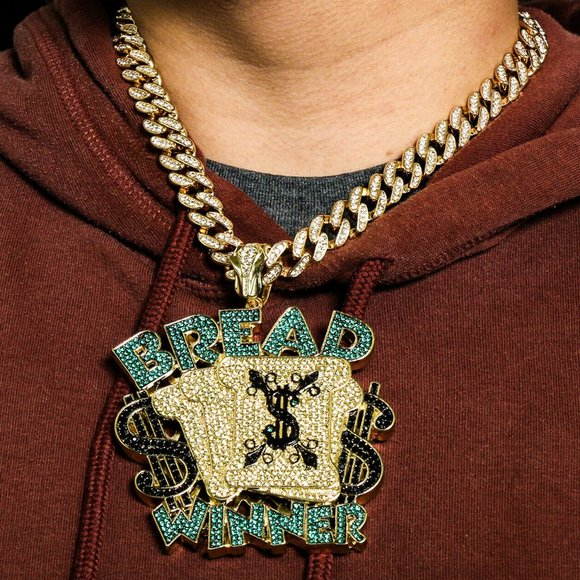14k Gold Bread Winner 20" Cuban Chain + Pendant - Picture 1 of 5